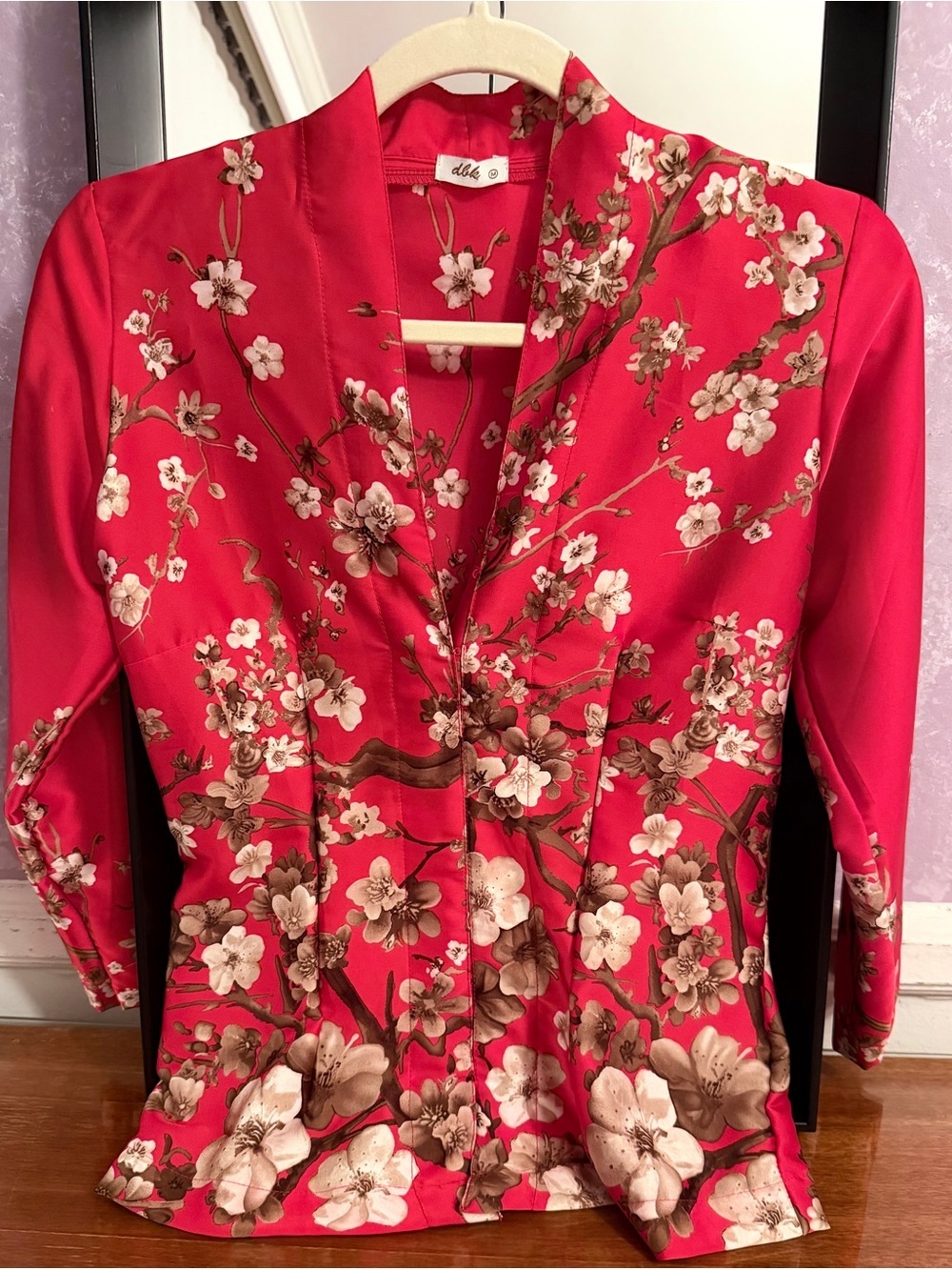 Vibrant Red Asian Inspired Cherry Blossom Floral Print 3/4 Sleeves V Neck Blouse